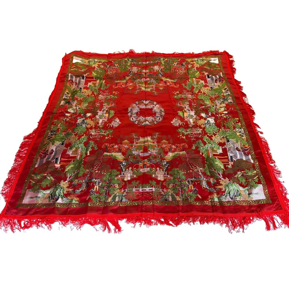 Brocaded Flowers Chinese Silk Embroidered Red Tapestry Fringe Village Flowers